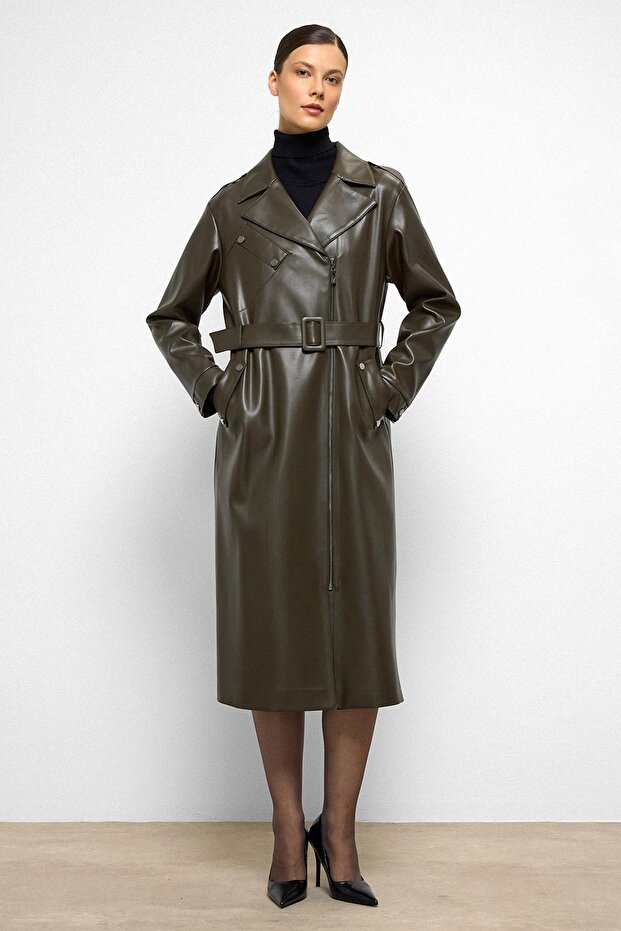 Übergroßer Leder-Trenchcoat mit niedrigem Ärmel und Reißverschluss KHAKI 6759 - 3