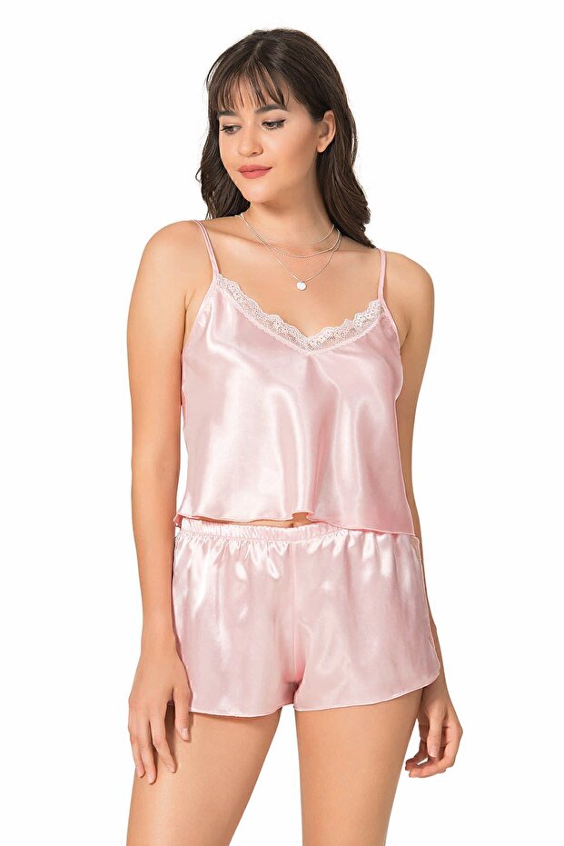 9053 Thin Strap Satin Babydoll Shorts Set