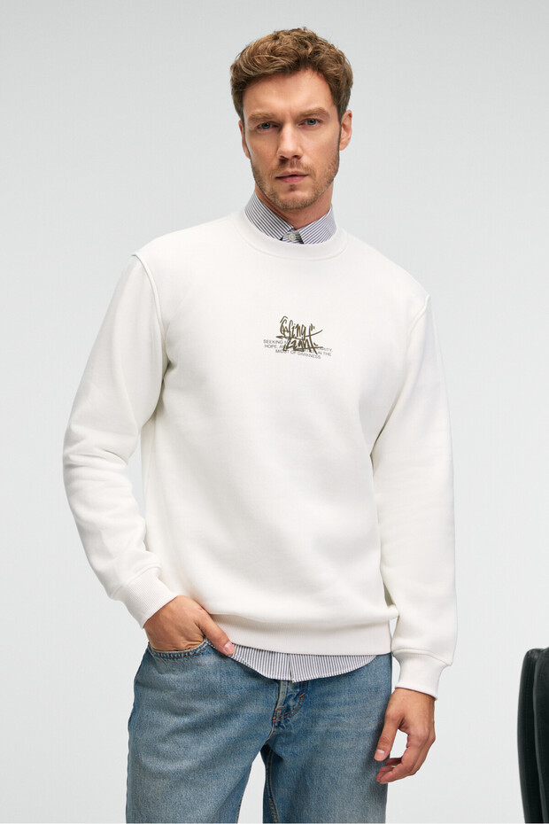 IRVING Erkek Yuvarlak Yaka Göğsü Ve Önü Regular Fit Ekru Sweatshirt - 1