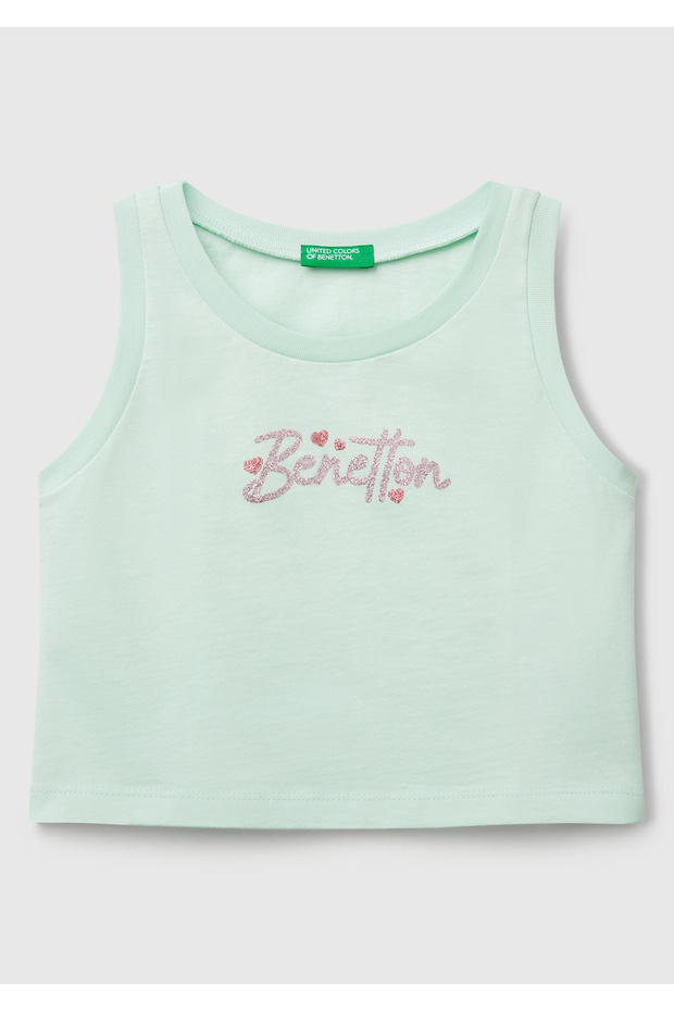 Girl's Aqua Green Glittered Benetton Logo Printed Tank Top