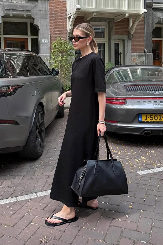 Siyah Basic Yırtmaçlı Kadın Elbise Mg2523 - 2