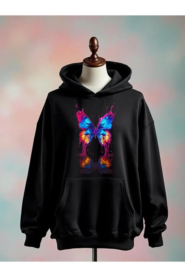 Butterfly Printed Cotton 3 Thread Oversized Black Sweatshirt