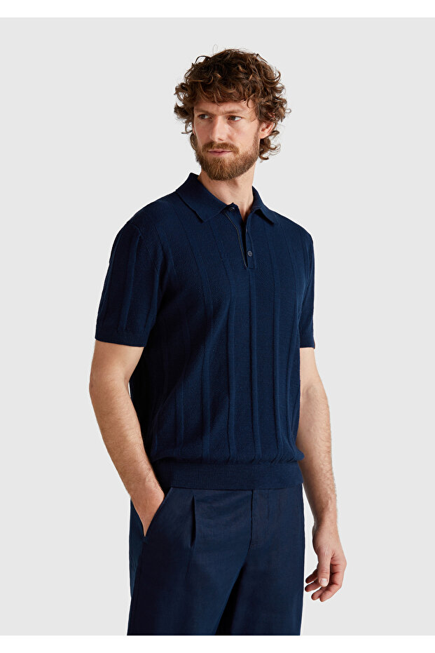 Men's navy blue linen blended contrast buttoned regular fit polo collar sweater