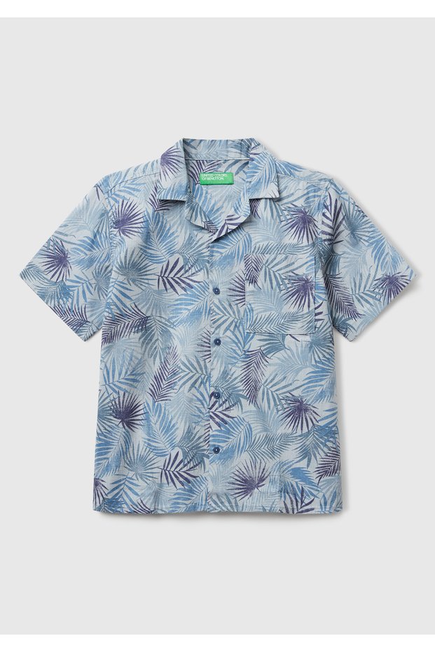 Boy's Aviator Blue Linen Blended All Patterned Single Pocket Detailed Short Sleeve Shirt