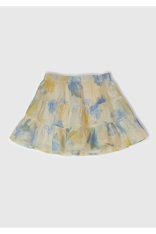 Girl's Yellow Blue Fully Patterned Tiered Skirt with Elastic Waist