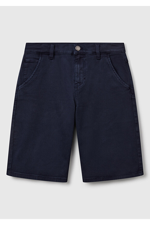 Boy's Navy Blue Logo Embroidered Denim Look Stretch Bermuda Shorts