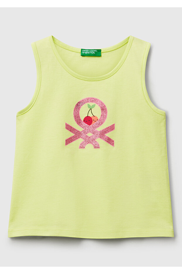 Girl's Yellow Glitter Benetton Logo Printed Undershirt