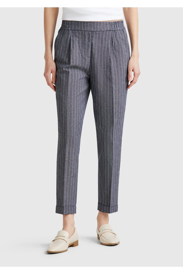 Women's Navy Blue Cotton and Linen Blended Thin Striped Regular Fit Pants