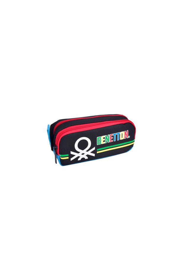 Black Benetton Block Patterned Double Compartment Pencil Case for Boy