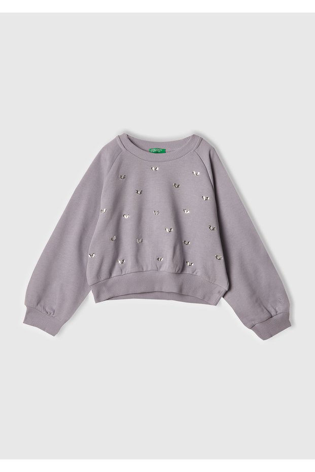 Girl's Lilac Ribbed Crew Neck Sweatshirt with Stone Detail on the Front