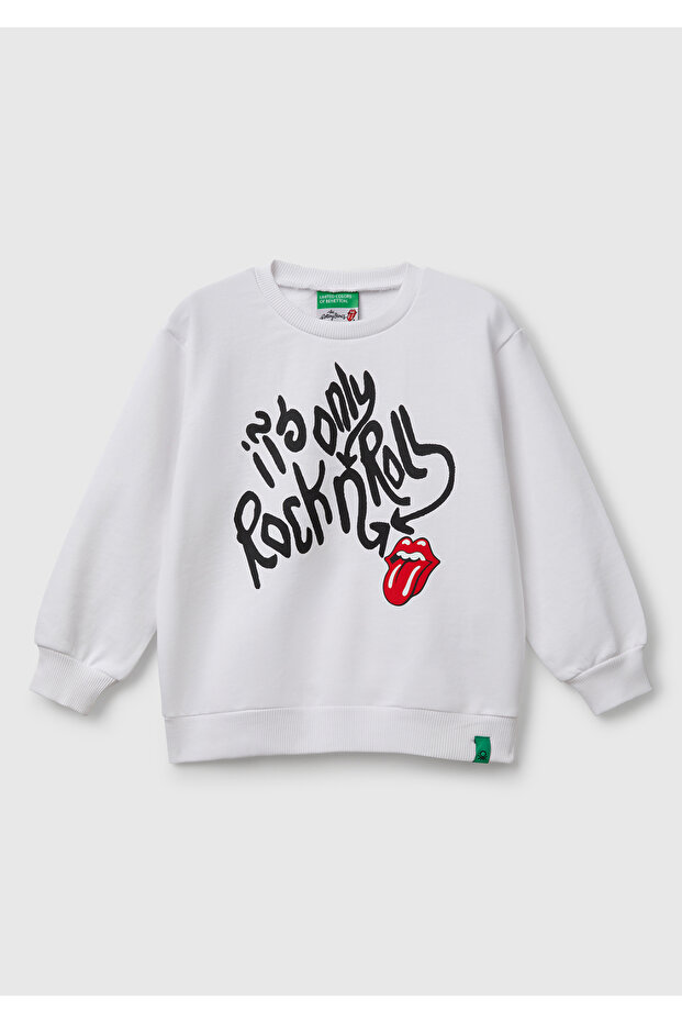 Boy's White Rolling Stones Printed Label Logo Crew Neck Sweatshirt
