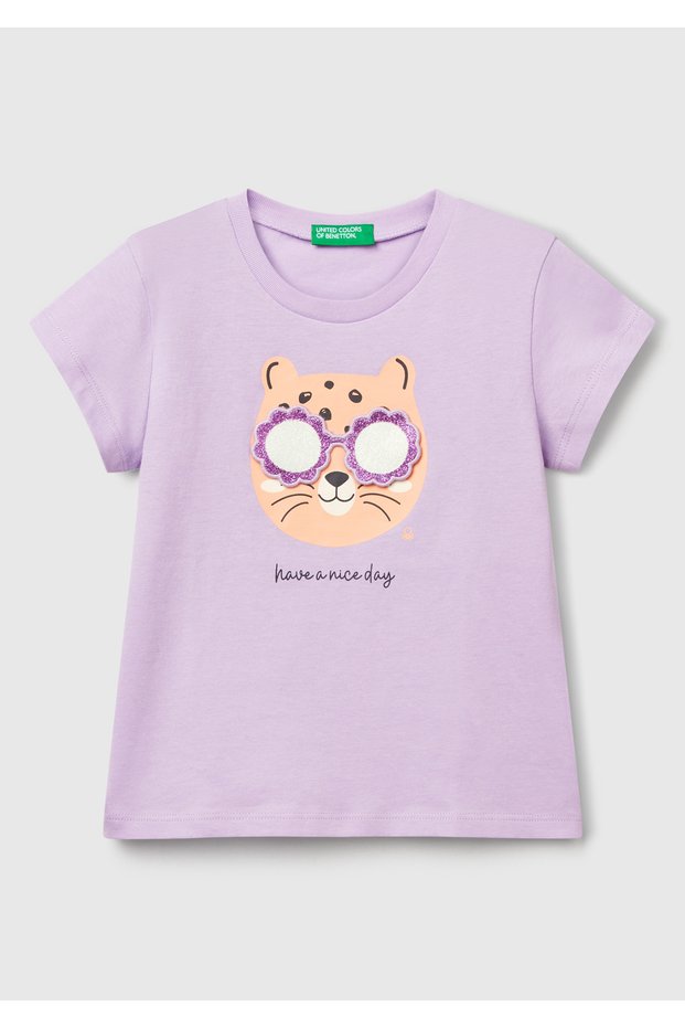 Girl's Lilac Front Printed Crew Neck T-Shirt
