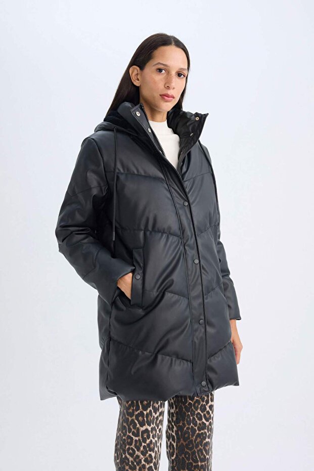 Su İtici Uzun Şişme Mont Parka Isı Yalıtımlı Kapitoneli Kapüşonlu Puffer A0873AX23WN - 4