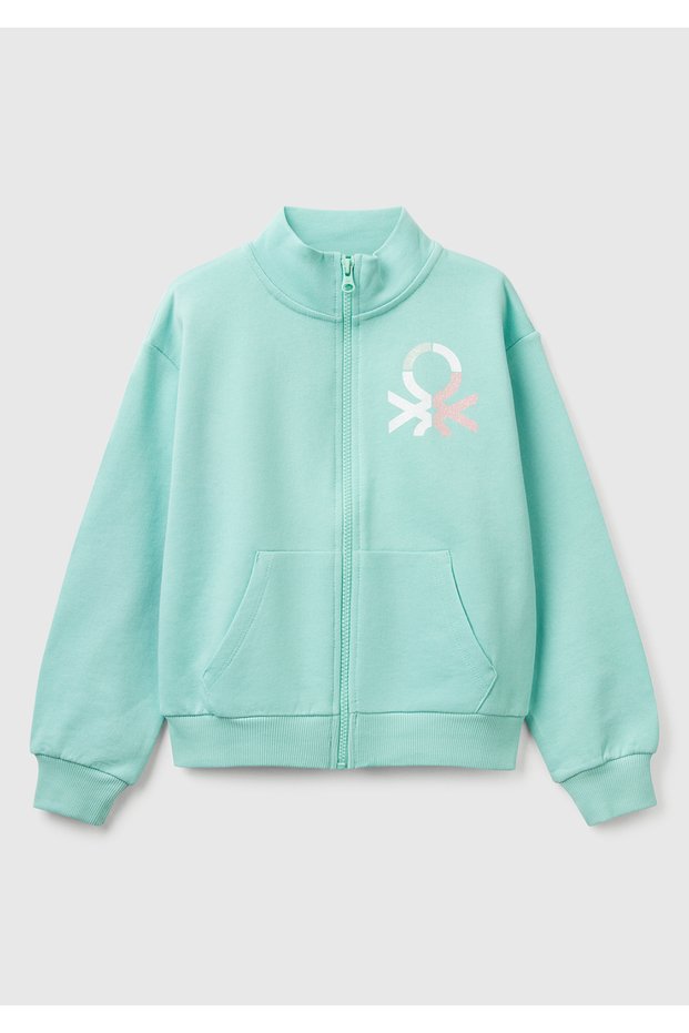 Girl's Aqua Green Glitter Benetton Logo Embroidered Zipper Sweatshirt
