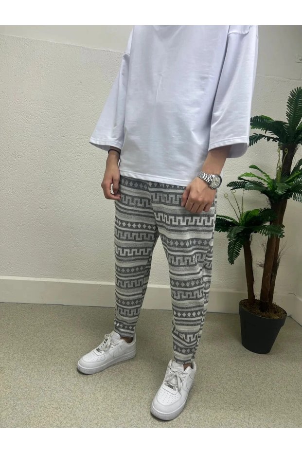 Men's Ecru Ethnic Pattern Waist Rope Tie Straight Cut Pocket Pants Sweatpants HZL24S-MXC8948-245