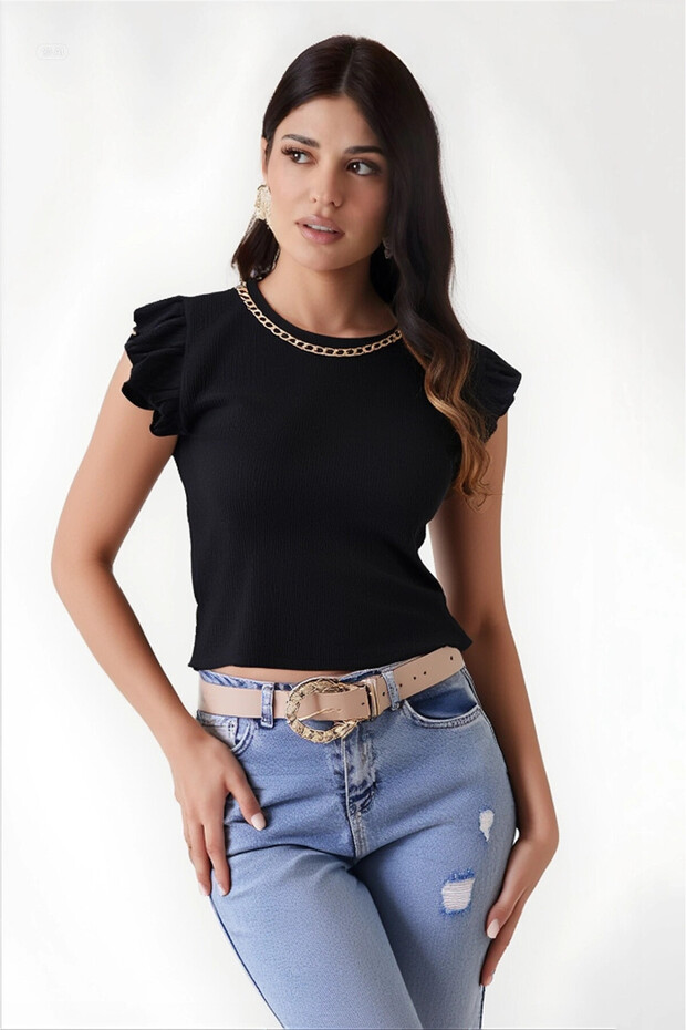 Women's Black Ruffle Sleeve Chain Necklace Knitted Blouse Hzl22S-Bd104301