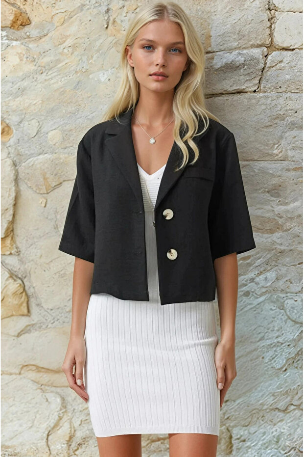 Women's Black Short Sleeve Shawl Collar Buttoned Transitional Linen Ayrobin Jacket Hzl24S-Bd107061