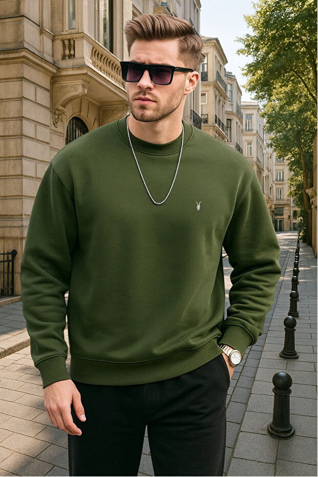Haki Renk Basic Bisiklet Yaka Relaxed Regular Erkek Sweatshirt - 4