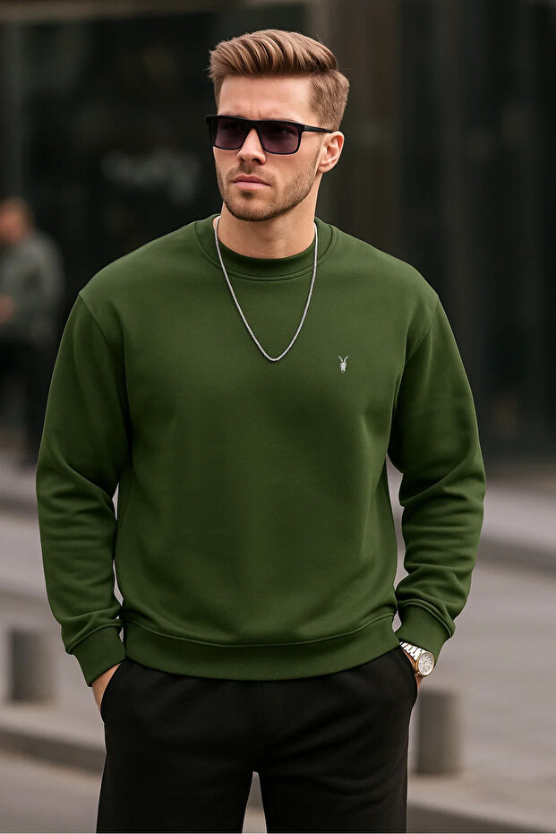 Haki Renk Basic Bisiklet Yaka Relaxed Regular Erkek Sweatshirt - 2
