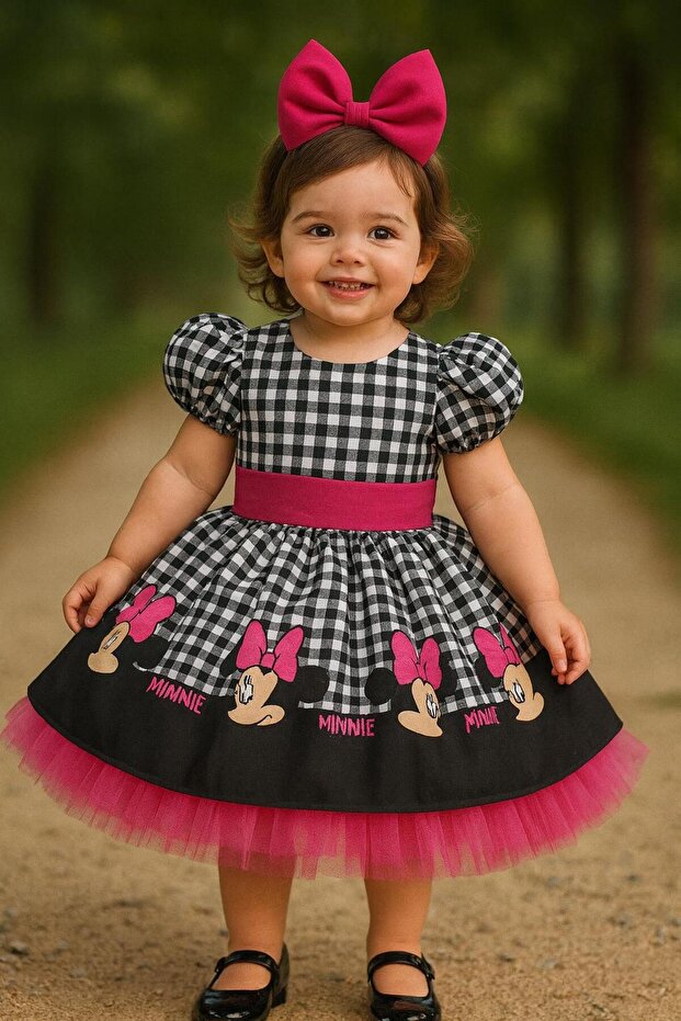 Kız Çocuk Kareli Pembe Micky (miki) Mouse Elbise - 1