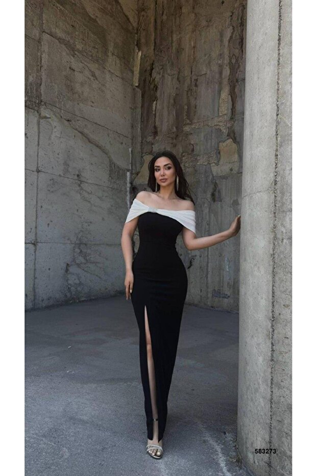 Flexible crepe fabric bow & stone detailed evening dress 583273 black