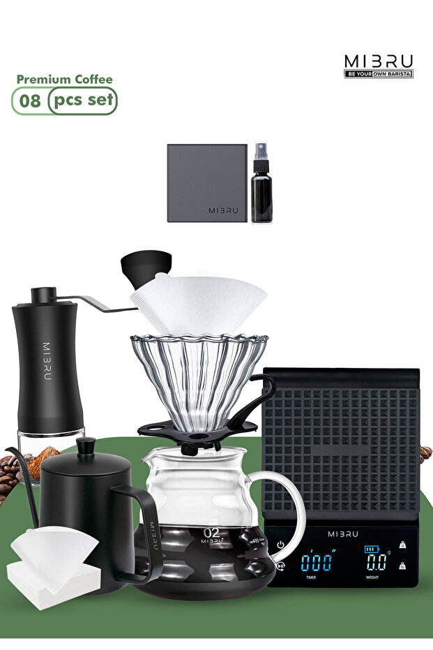 طقم قهوة V60 مكون من 8 قطع - قطارة، فلتر، غلاية، مطحنة، ميزان، أداة تقديم