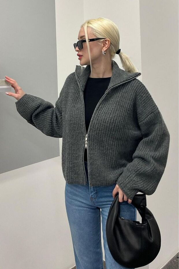 Çift Fermuarlı Basic Triko Hırka - 5