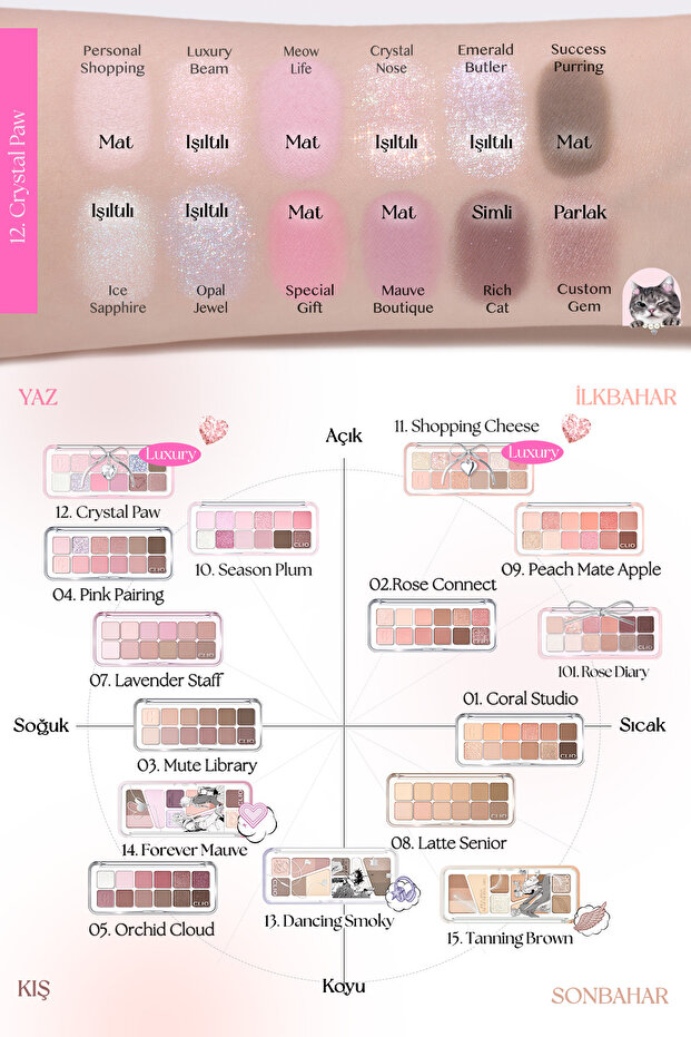 Clio Pro Eye Palette Air - 12 Crystal Paw Lightweight Texture Eye Shadow Palette with Intense Colors - 5