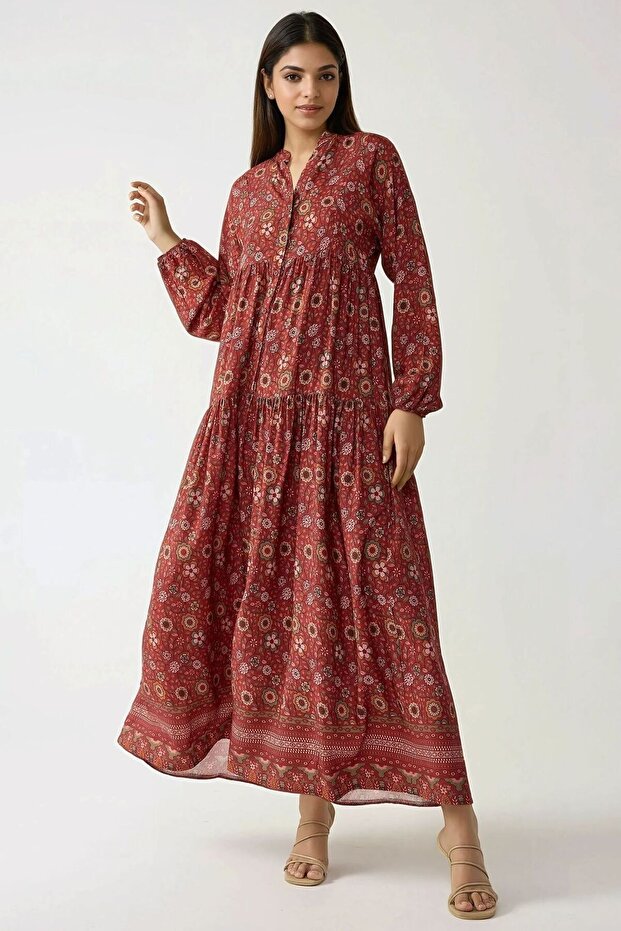 Düğmeli Baskılı V Yaka Modest Elbise - 2