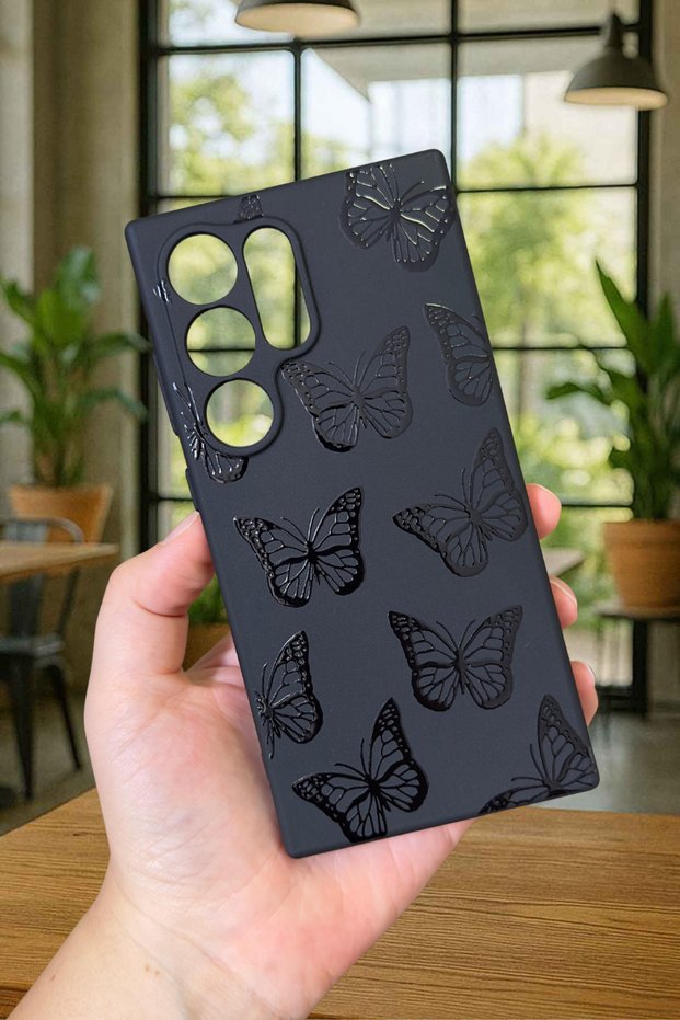 Samsung Galaxy S22 Ultra-Black Butterfly Patterned Silicone Shock-Absorbing Classic Protective Rubber Case