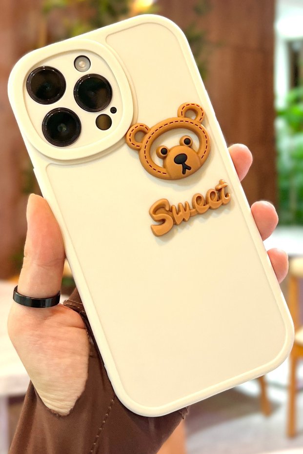 iPhone 15 Pro Compatible Teddy Bear Patterned Cute 3D Sweet Cute Camera Protection Silicone Case