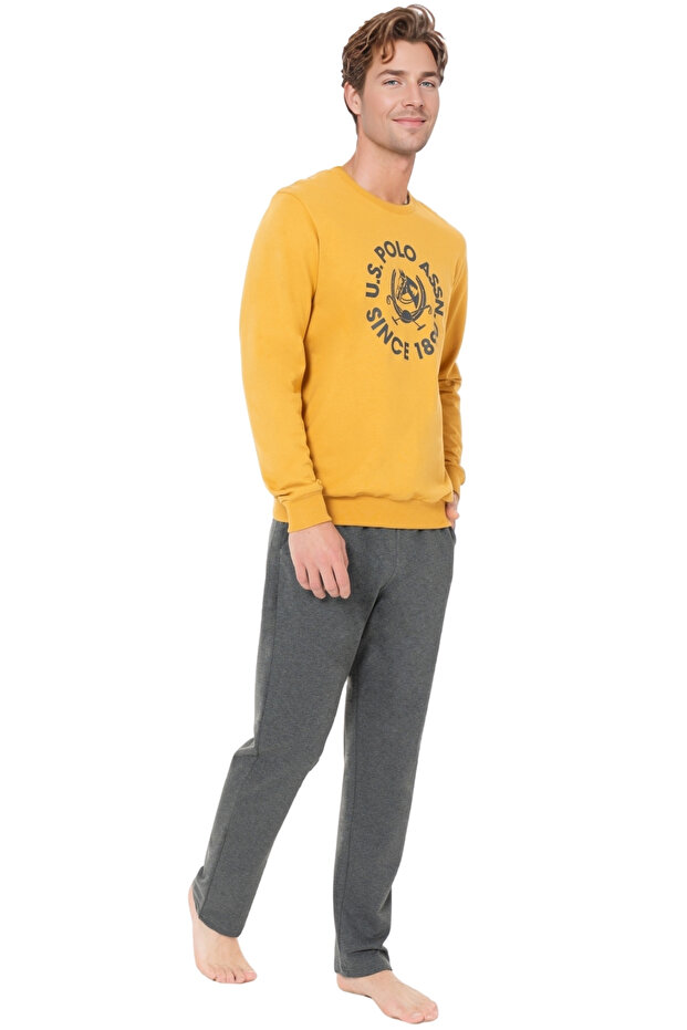 Erkek Uzun Kollu Pijama Takımı – Hardal Üst & Gri Alt - 3