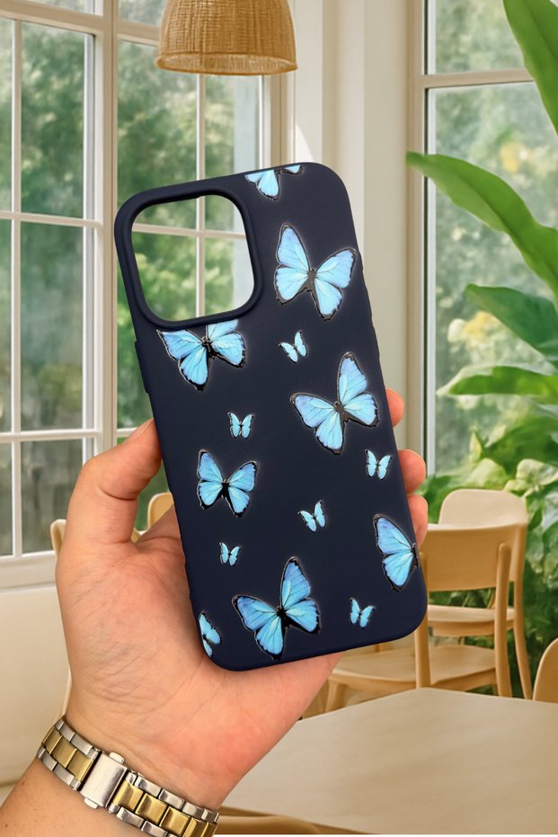 iPhone 14 Plus/15 Plus Compatible Blue Butterfly Patterned Silicone Shock-Absorbing Classic Protective Rubber Case