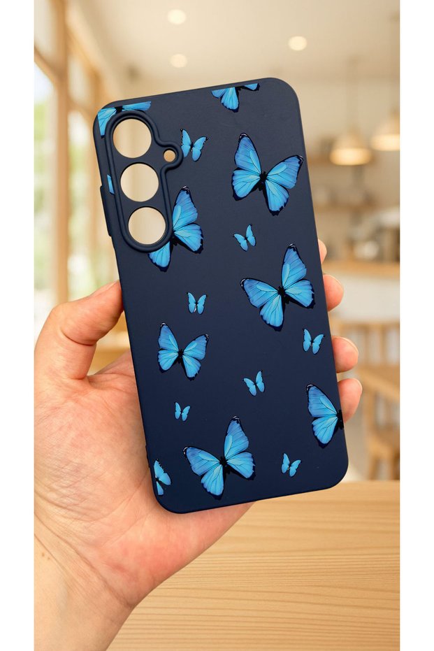 Samsung Galaxy A55 - Blue Butterfly Patterned Silicone Shock-Absorbing Classic Protective Rubber Case