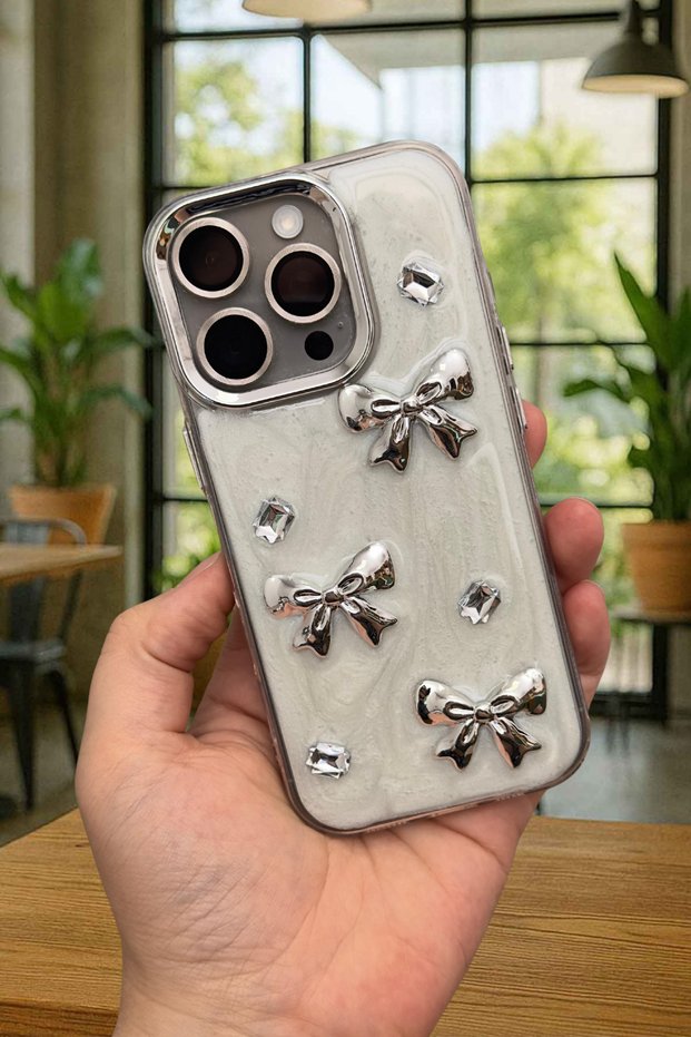 iPhone 16 Pro Compatible Epoxidized 3D Figured Heart Ribbon Shiny Stylish Fashion Case