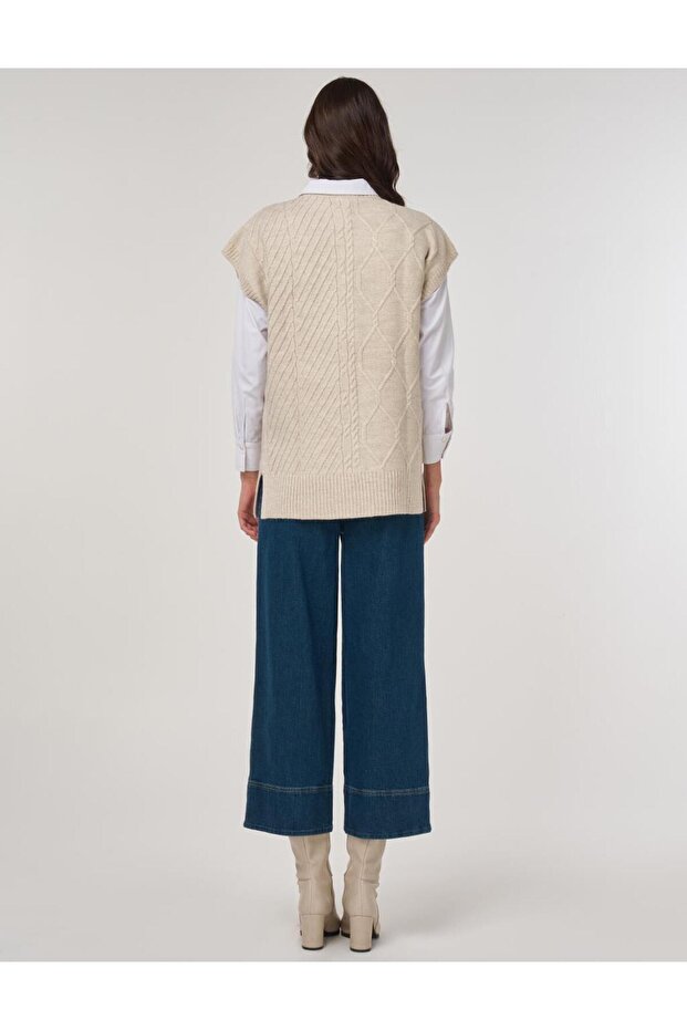 İşlemeli Triko Süveter Krem - 5