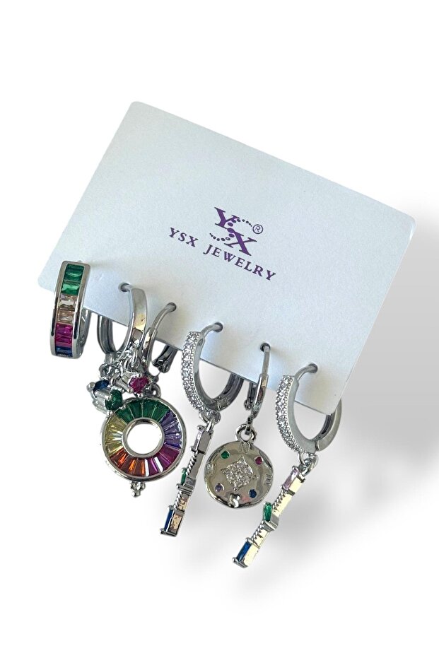 Silver Color Mixed Figured Stone Detailed Set of 6 Ysx Earrings