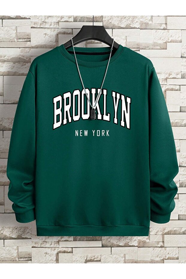 Unisex Brooklyn Printed 3-Thread Ribbed Crew Neck Sweatshirt