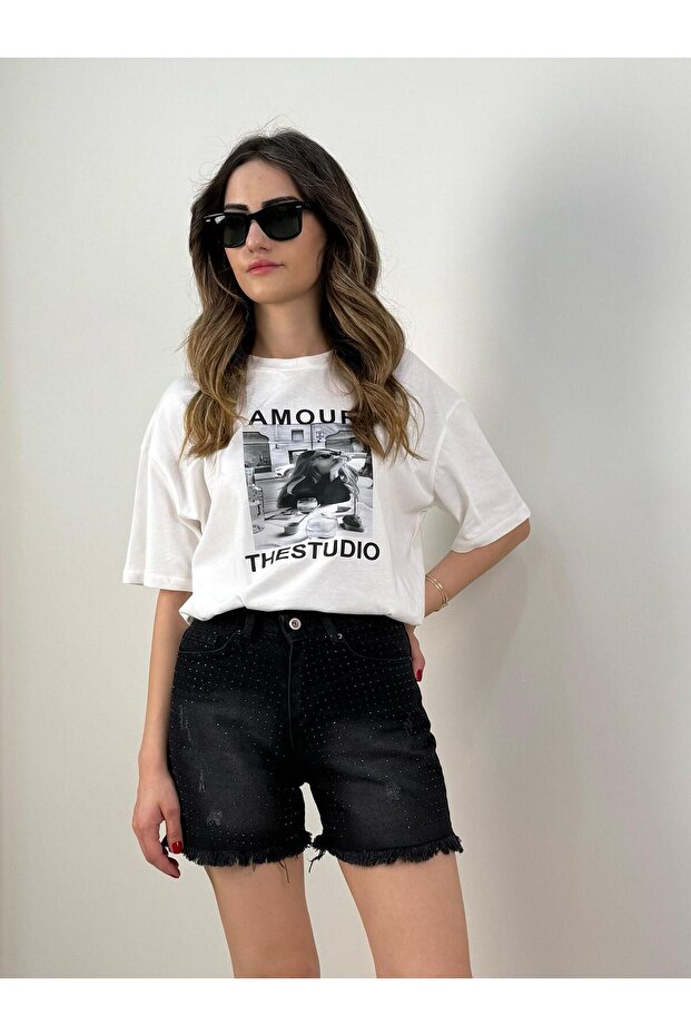 Taşlı Denim Şort - 1