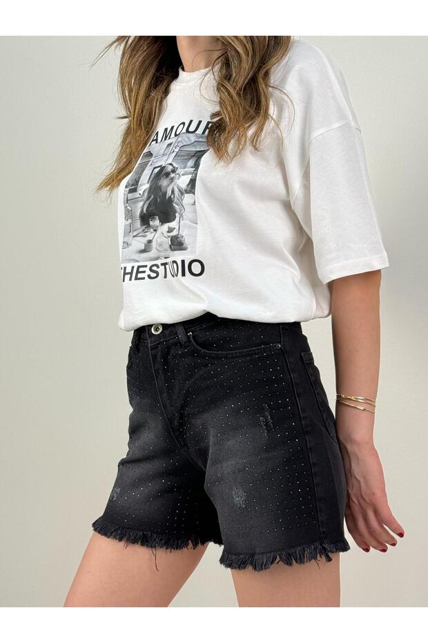Taşlı Denim Şort - 4