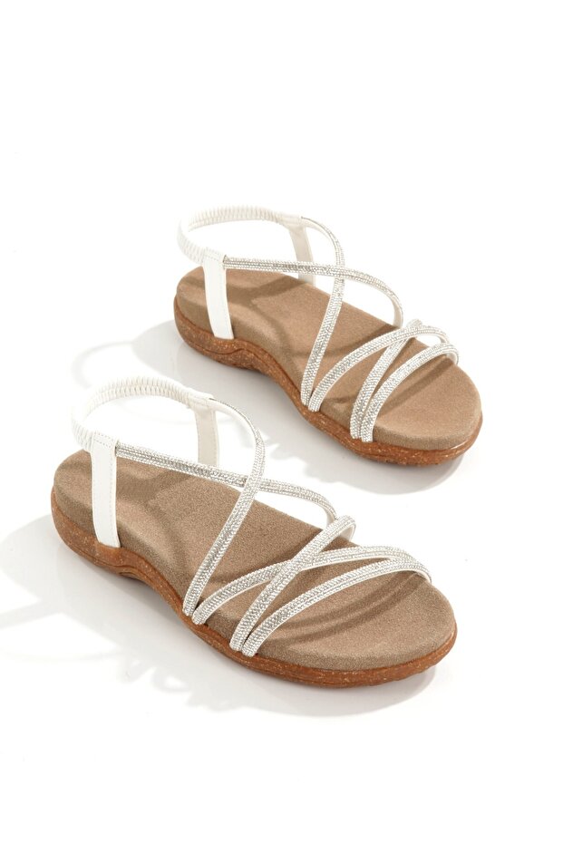Pelip White Stone Non-Slip Rubber Sole Comfortable Sandals Summer Heelless Evening Dress Shoes