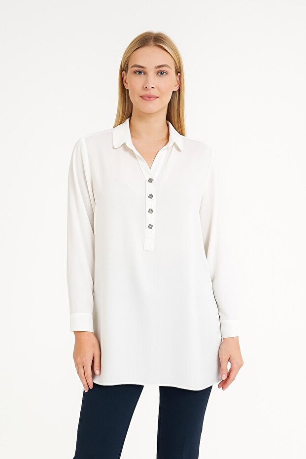 Women's Plus Size Button Detailed Jesica Fabric Fold Sleeve Shirt Collar Tunic