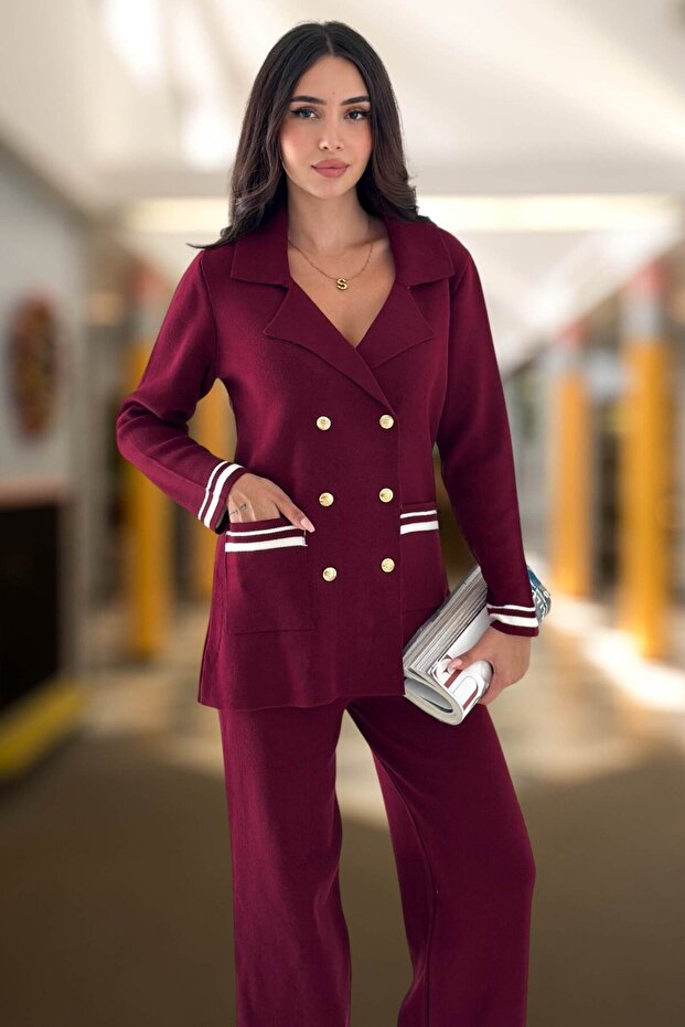 Knitwear Double Set with Jacket and Pants | Gray, White, Burgundy, Black 3006