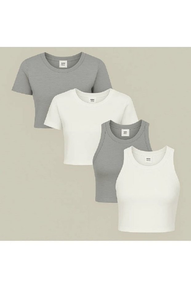 Women's 4-Pack Body-Hugging Cotton Crewneck T-Shirt-Singlet Set Crop Blouse
