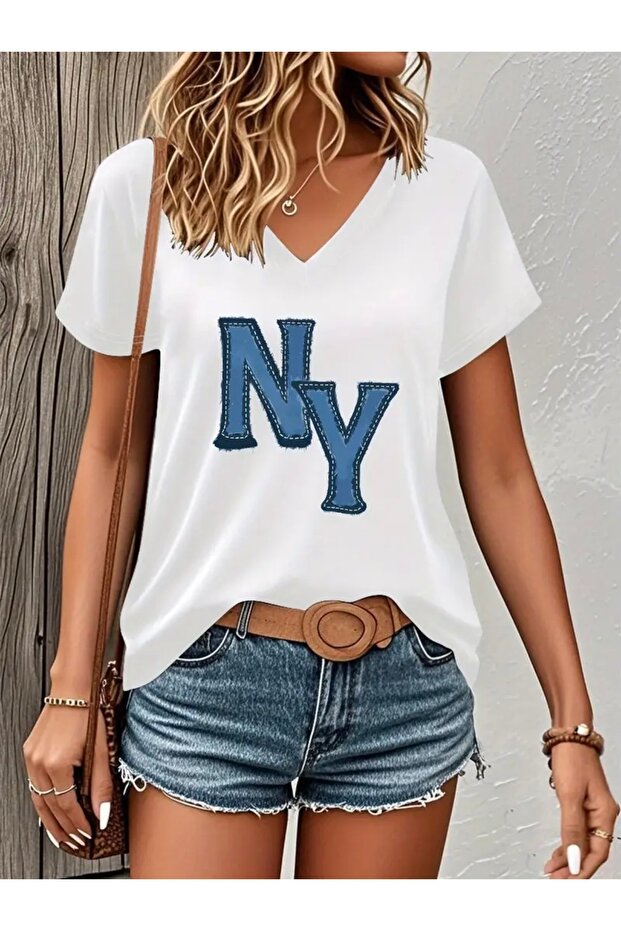Denim Ny Printed Women's Oversize V-Neck T-Shirt
