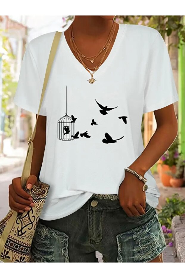 Bird Printed Women's Oversize V-Neck T-Shirt