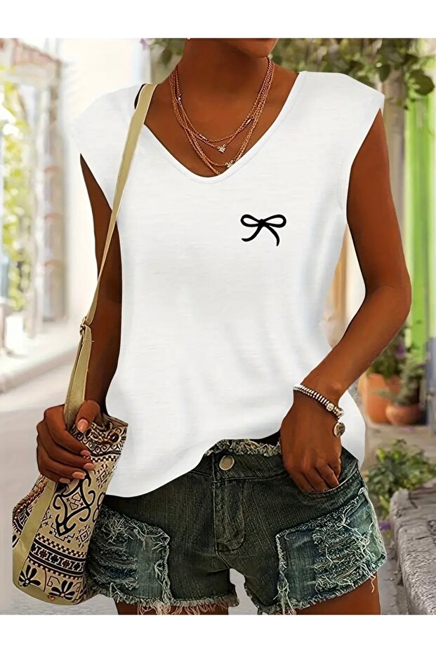 Ribbon Printed Women's Oversize Sleeveless T-Shirt