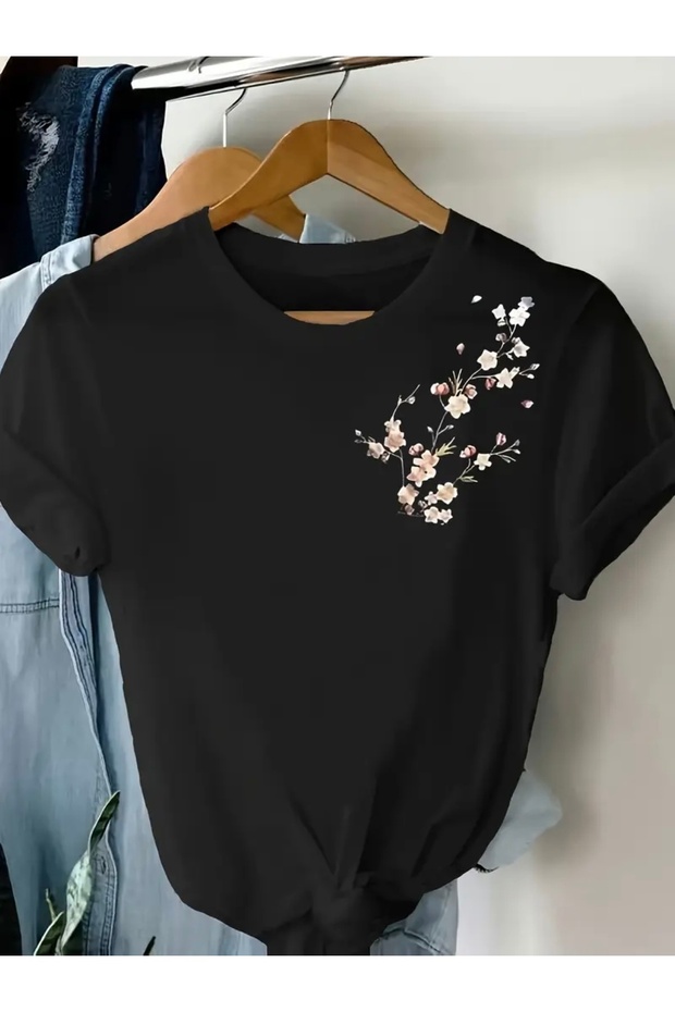 FLOWER BRANCH PRINT OVERSIZE BIKE COLLAR T-SHIRT