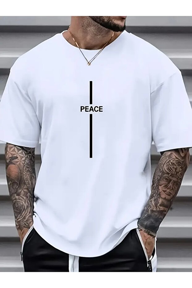 تي شيرت برقبة دائرية كبيرة الحجم مطبوع عليه PEACE