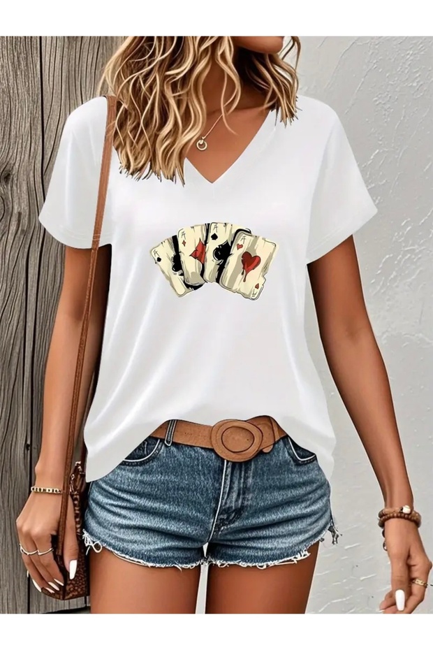 Card Printed Women's Oversize V-Neck T-Shirt